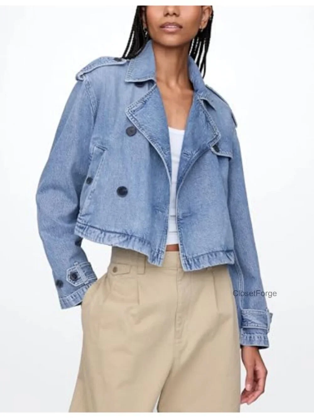 Cropped Denim Trench Coat Notch Collar Double Breasted Button Front Jacket